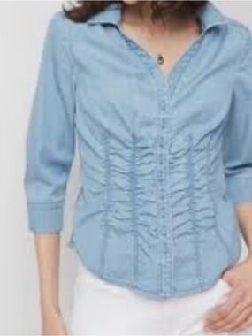 White House Black Market Women's Elbow-Sleeve Ruched Detail Denim Shirt, Size 12